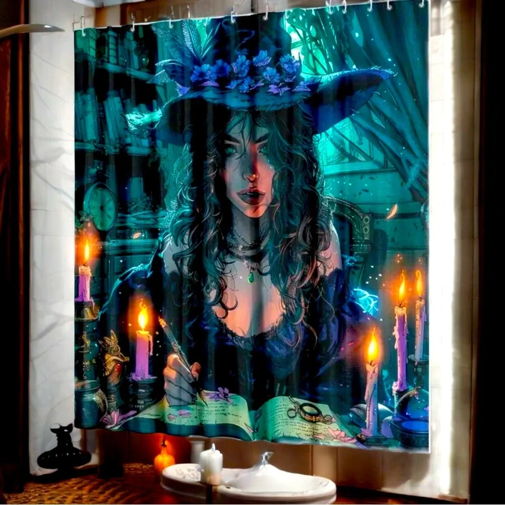 Exquisite Witch Shower Curtain Waterproof Fabric with‎ 12 White Plastic Hooks